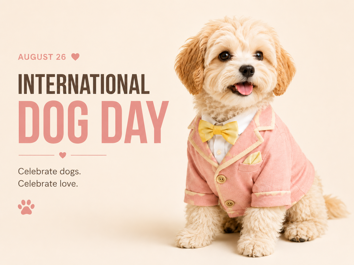 International Dog Day poster, cute dog in pink suit