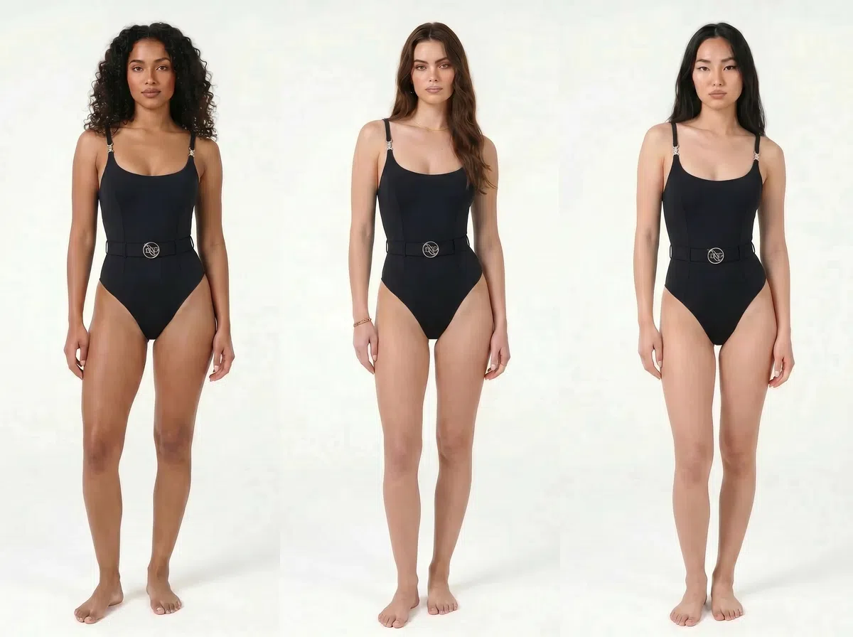 Same black swimsuit on different AI swimsuit models — Koozee model swap