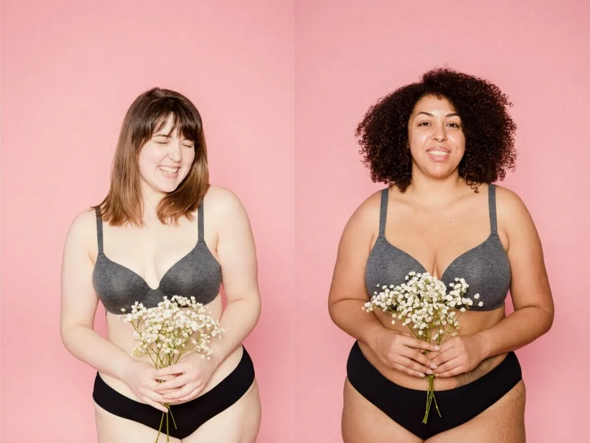Two AI-generated images by KOOZEE AI, showcasing lingerie models with diverse body types and skin tones, suitable for a wide range of markets.