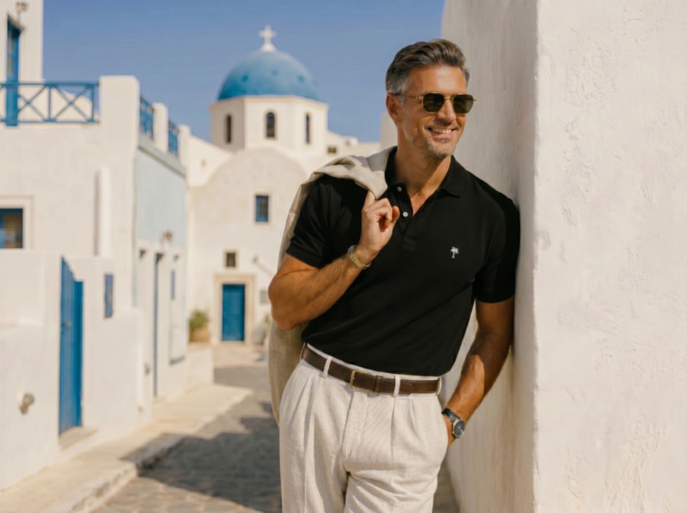 Elegant men's style amid classic blue-and-white alleys