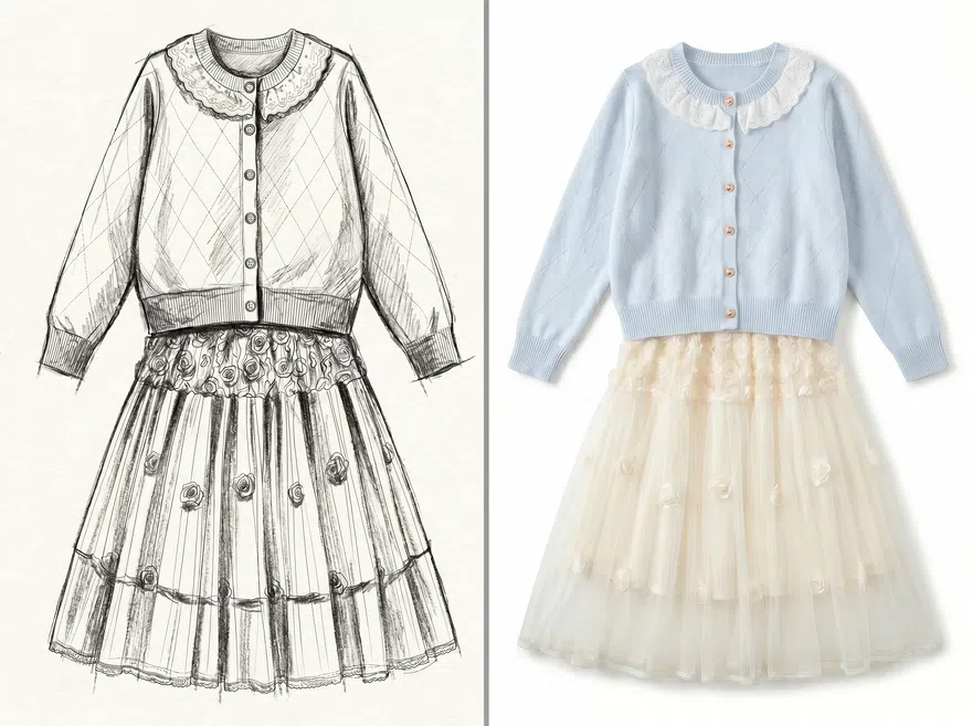 Before and after: KOOZEE converts a fashion sketch into a white-background product image