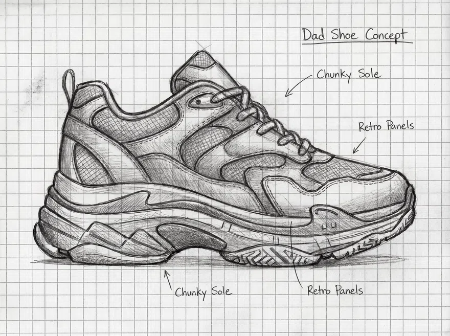 AI shoe sketch to realistic image example, showing a hand-drawn shoe turned into a finished product image