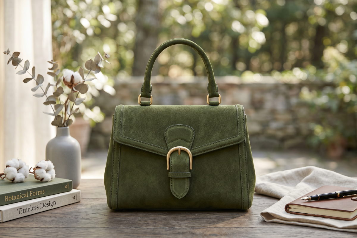 a green handbag on a table with books and flowers