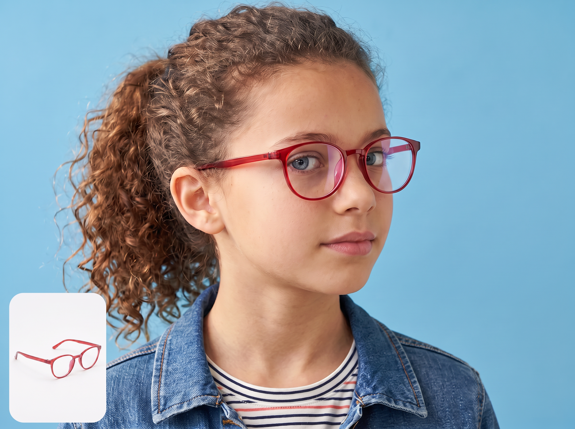 Prueba virtual de lentes con IA para un modelo infantil con armazones rojos