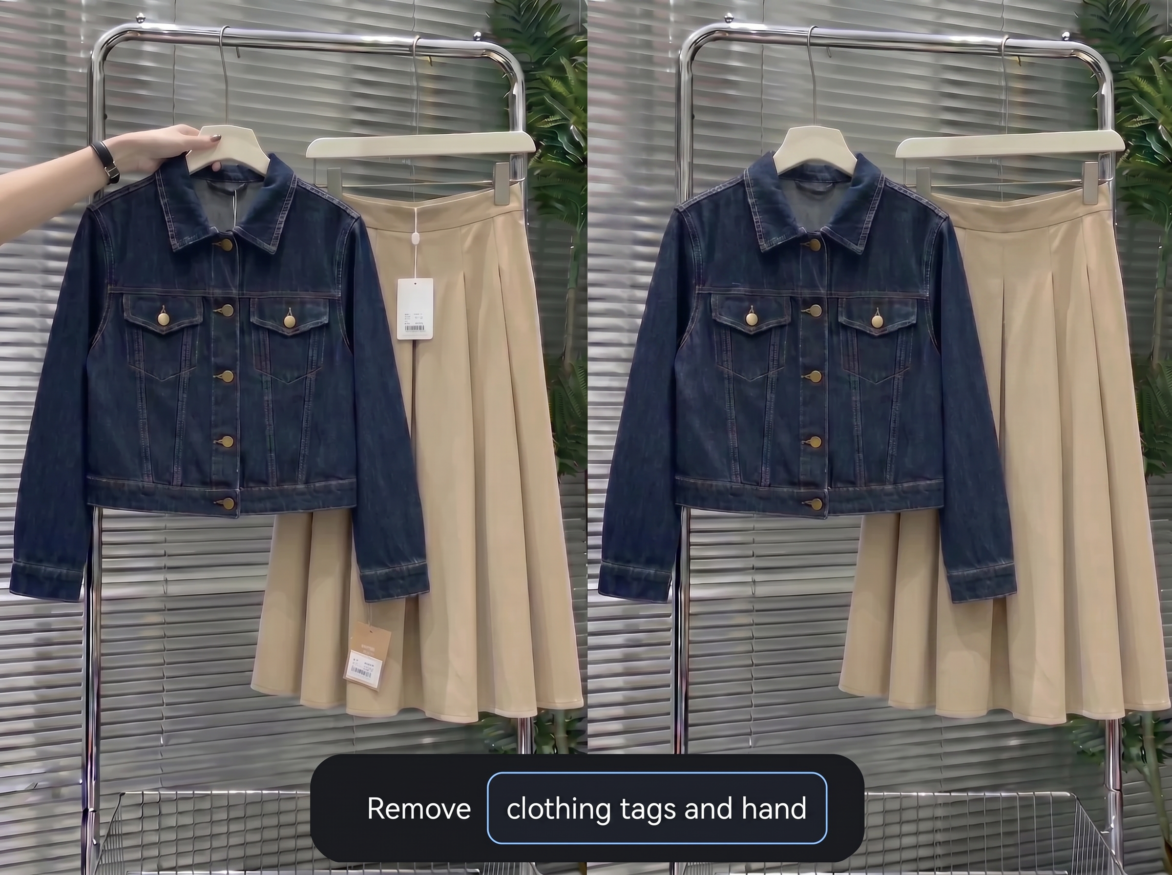 Using prompt-based AI removal to erase tags, hangers, and clutter from fashion product photos