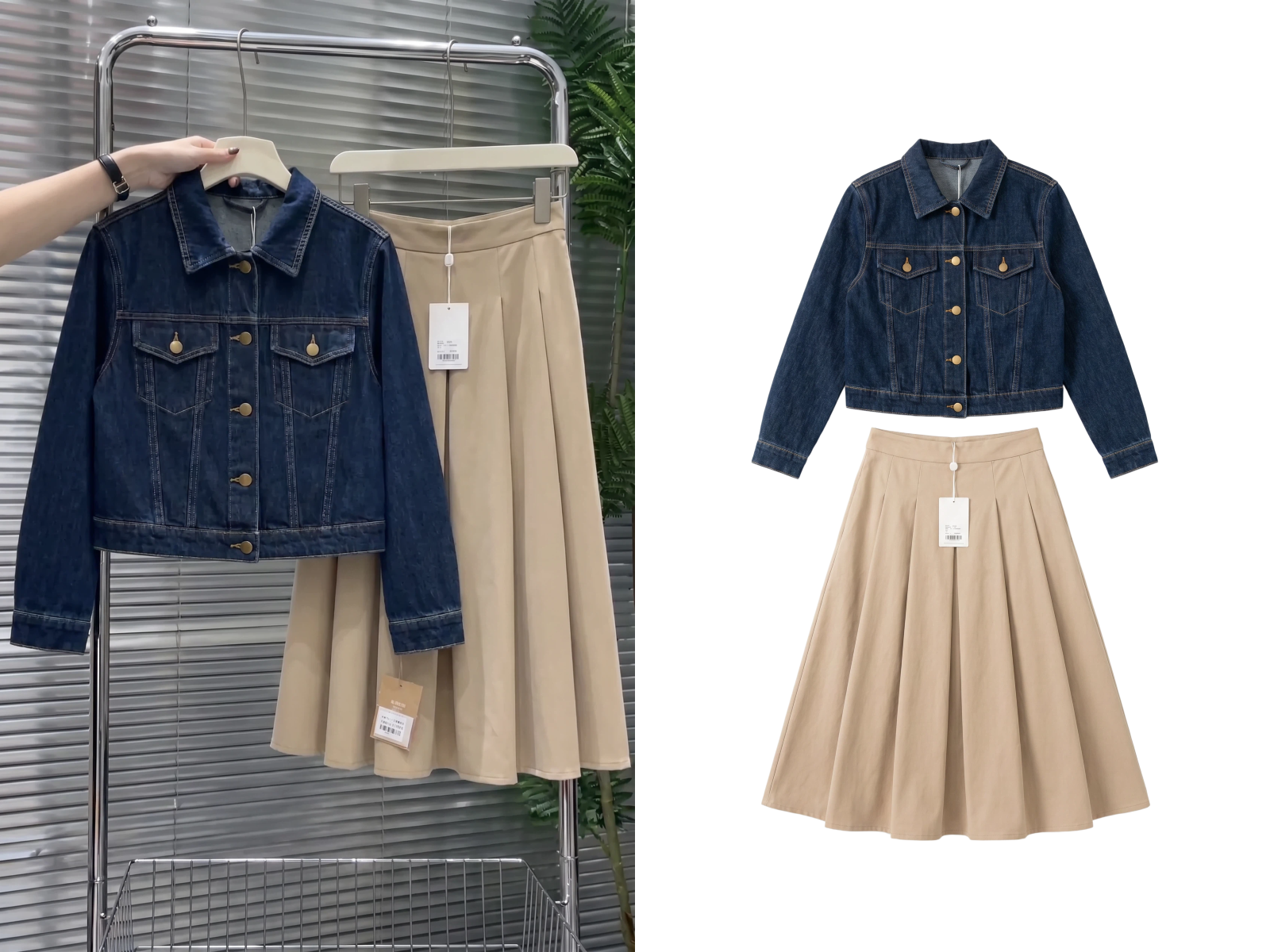 PicCopilot vs Koozee denim jacket and pleated skirt turned into clean product shots