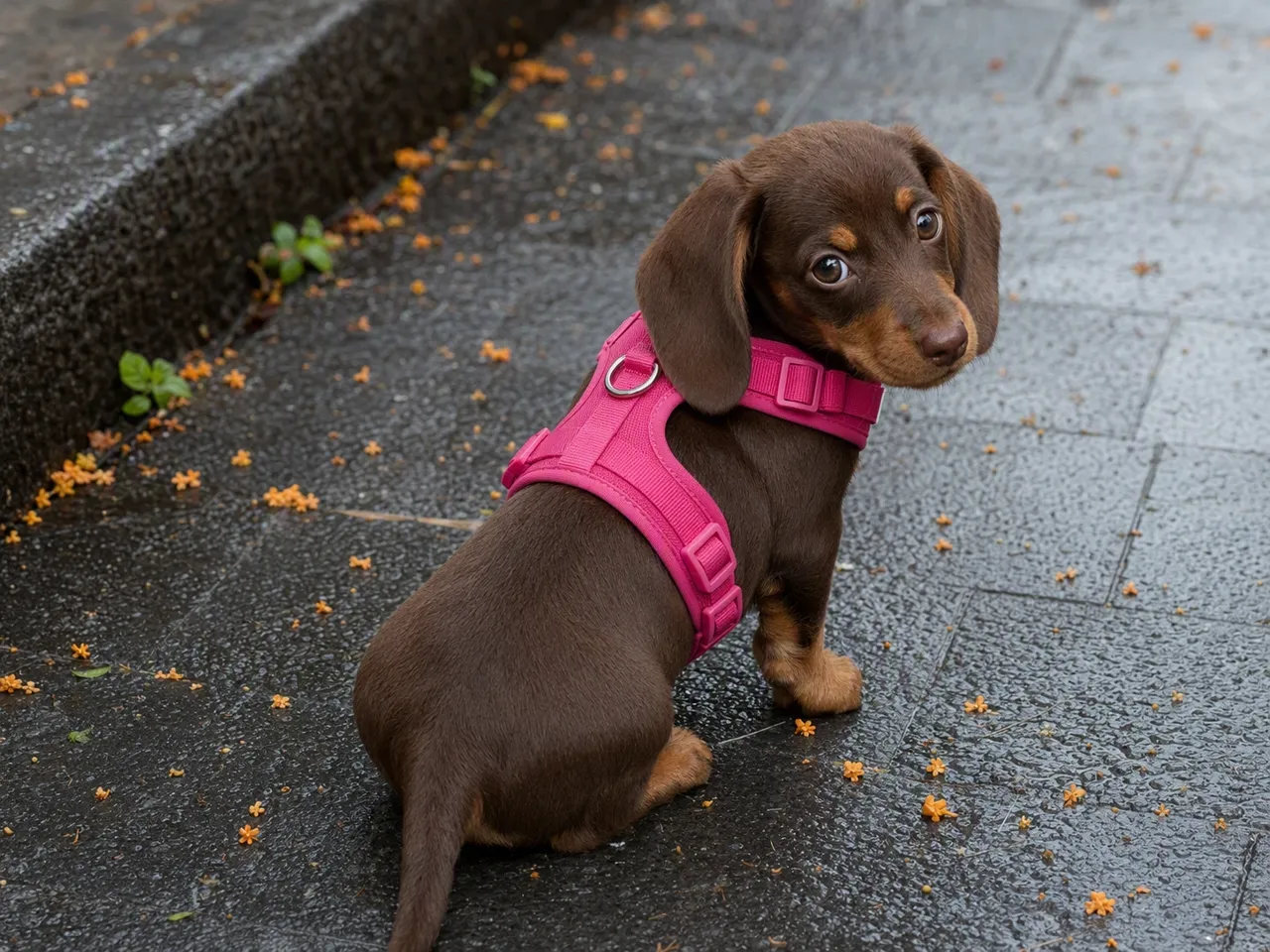 Chocolate miniature dachshund puppy with bright pink harness on wet stone pavement