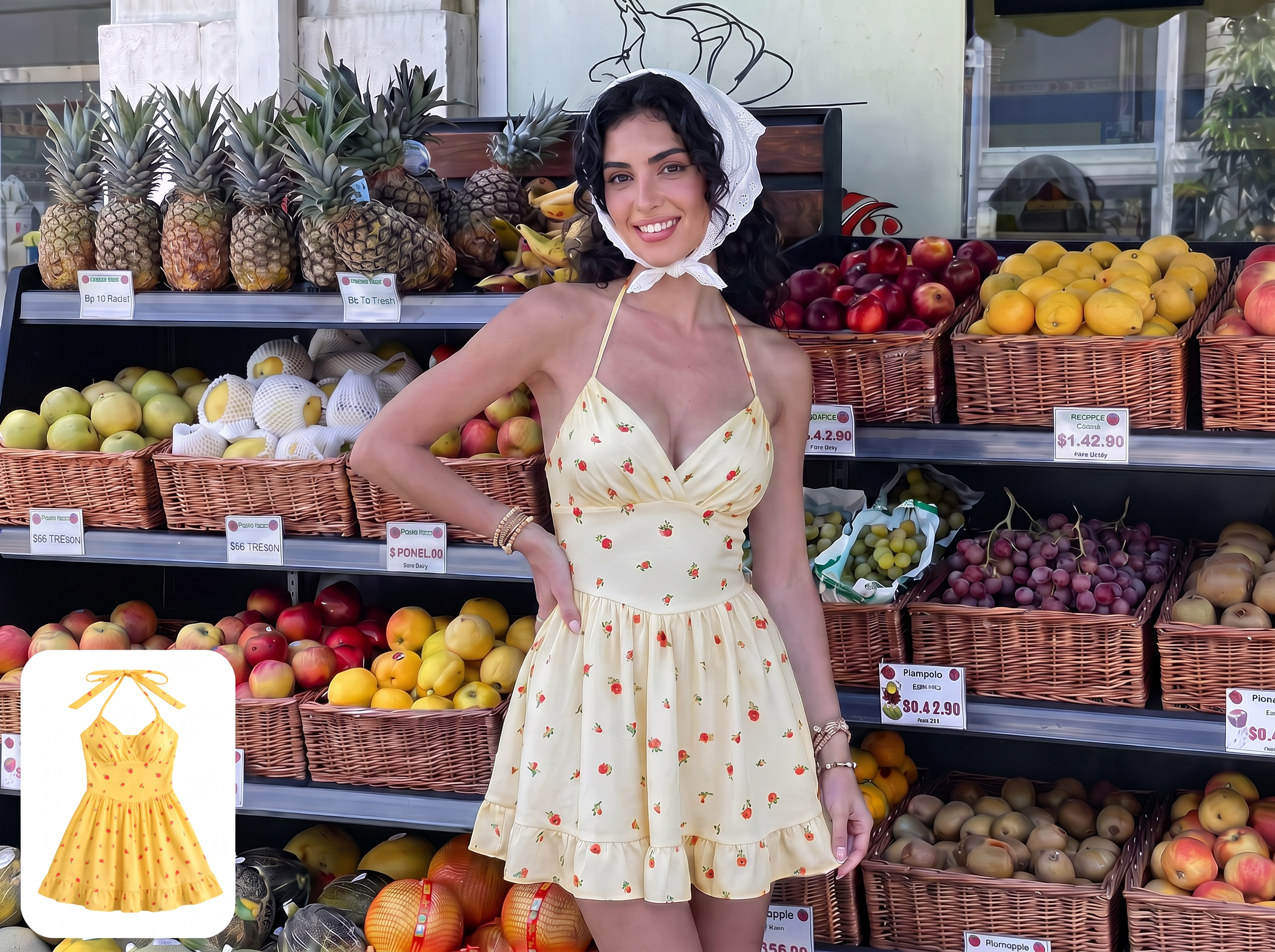 Corrector de colores con IA para la prueba virtual de un vestido amarillo con un tono coherente