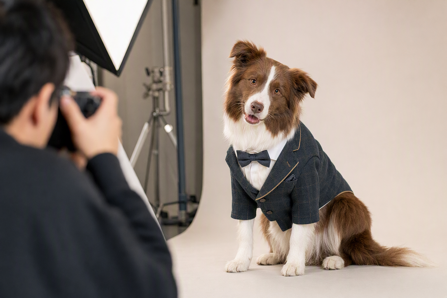 3Brown‑white border collie wearing plaid suit in photo studio