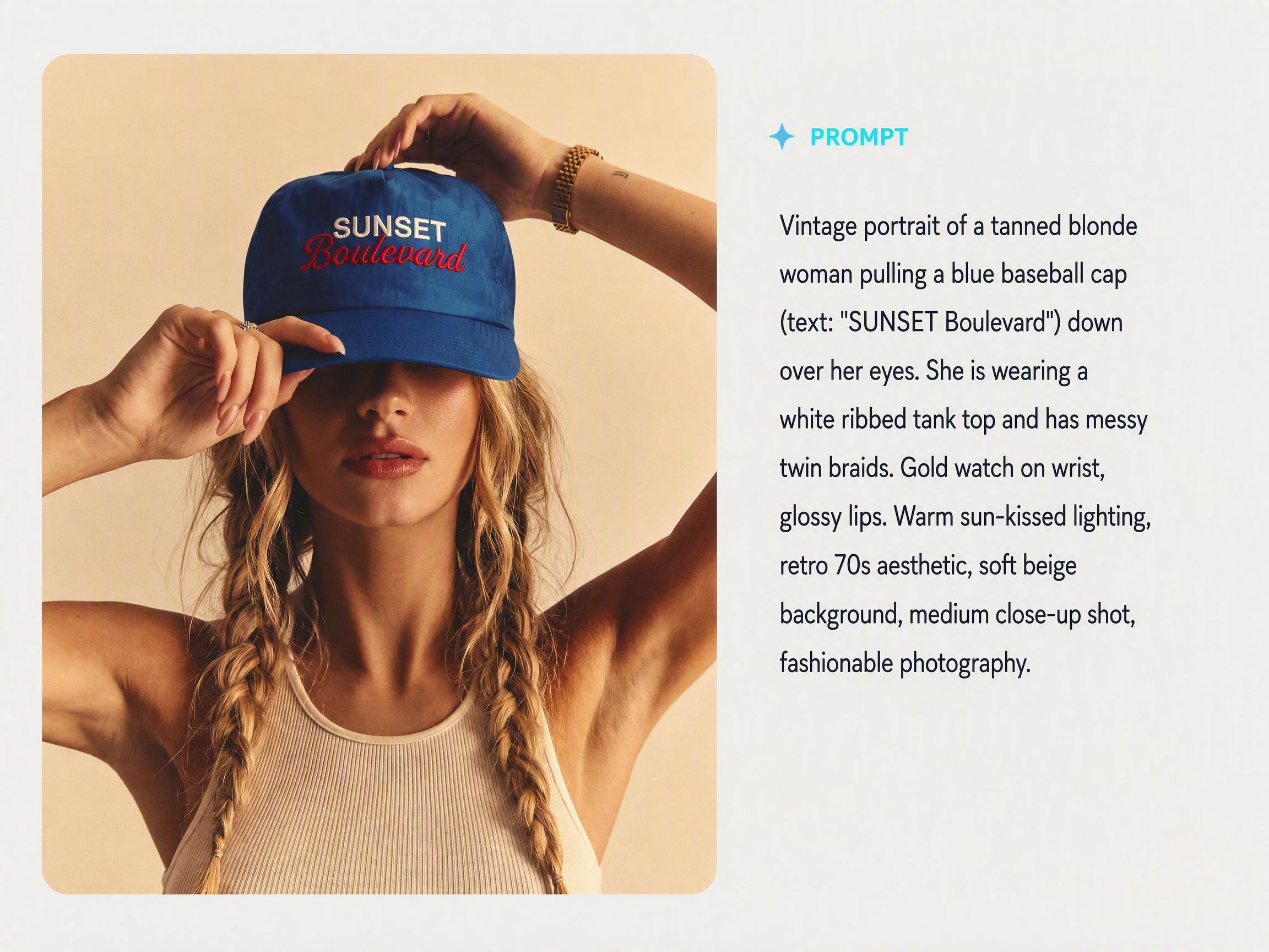 Image to prompt for a fashion model wearing a hat