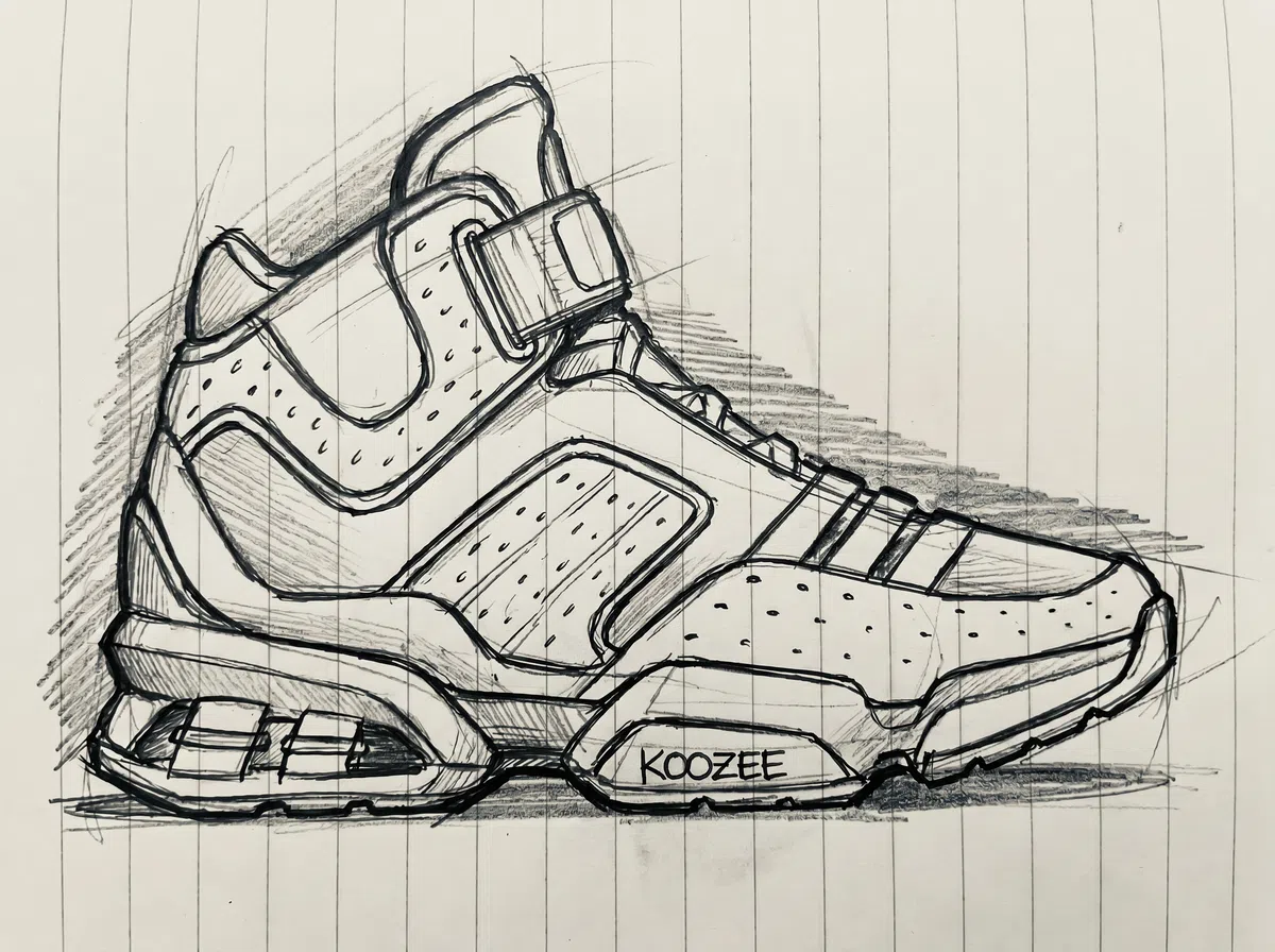 Shoe sketch turned into a realistic shoe image, showing a hand-drawn shoe as a finished design