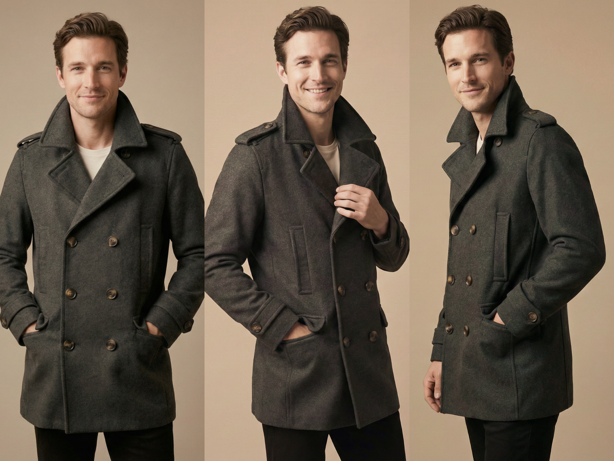 Three images of a man wearing a coat, showcasing different poses and angles, generated by KOOZEE AI.