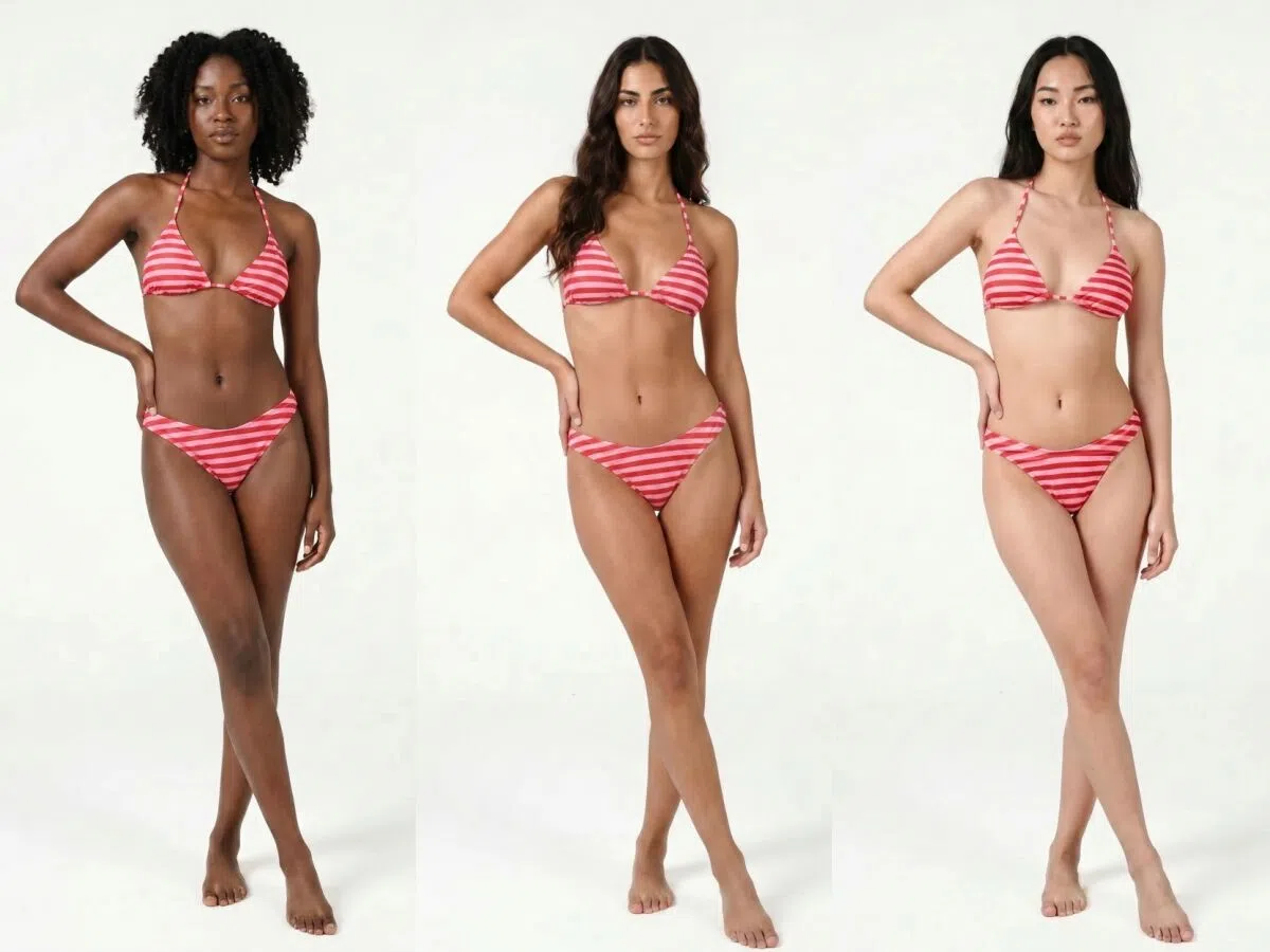 Pebblely vs Koozee striped bikini try-on shown on three different models