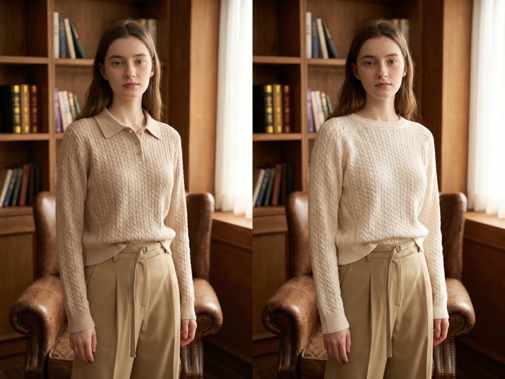 Two off-white cable-knit sweaters—one featuring a polo collar and the other a crew neck—were subjected to an A/B test.