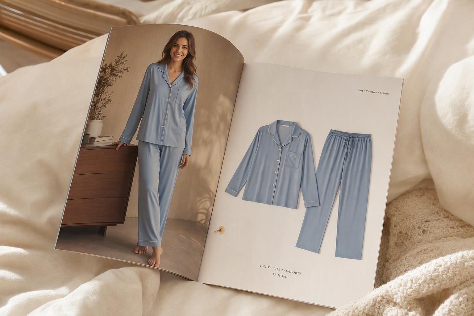 Catálogo aberto de roupas de dormir mostrando uma modelo e um conjunto de pijama azul-claro com blusa e calça