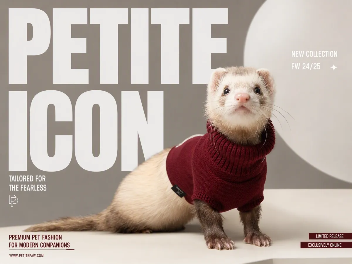 Fashion poster, pet ferret in burgundy turtleneck sweater, new pet apparel collection