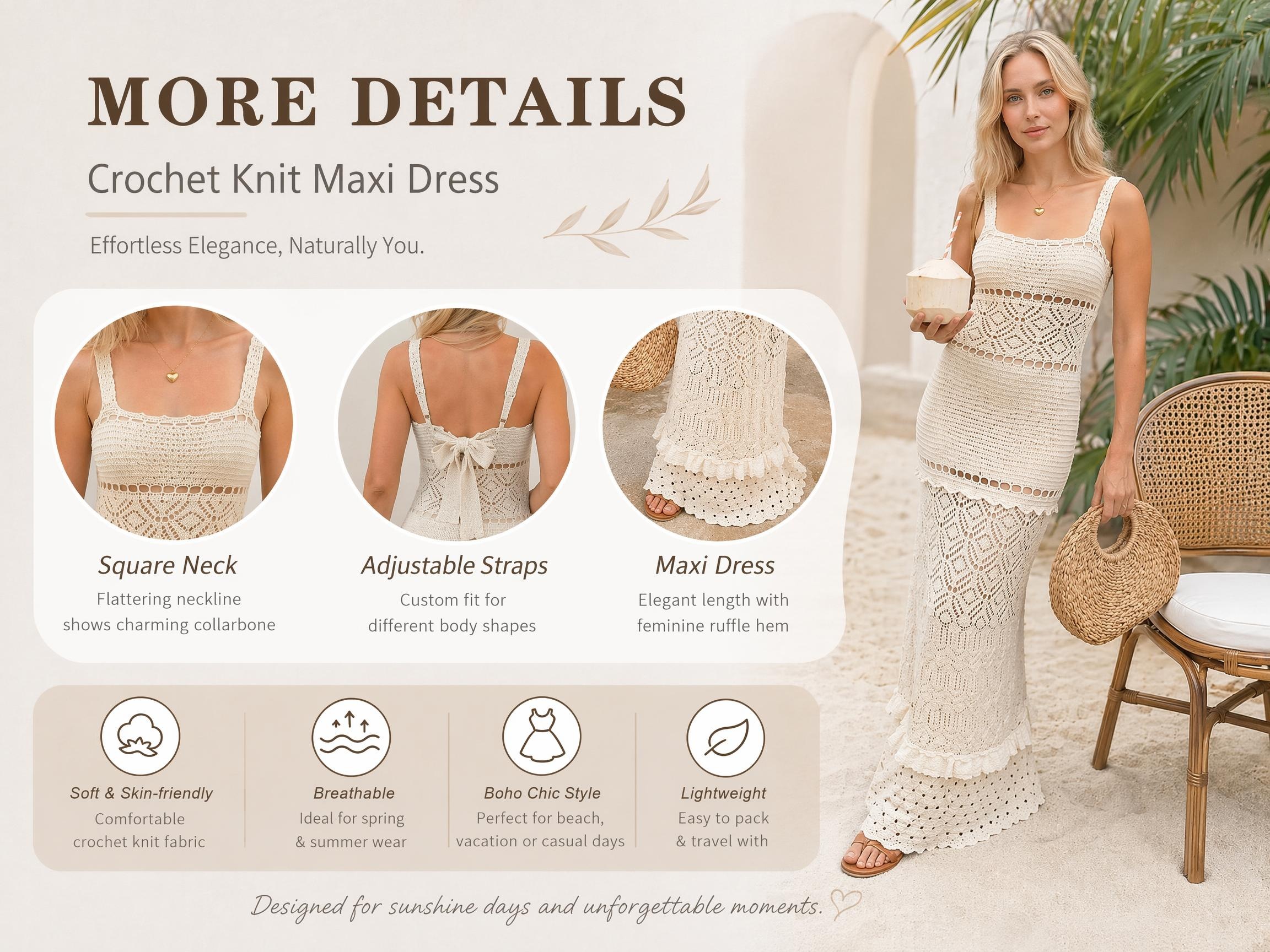 WeShop vs Koozee crochet maxi dress detail page with fabric and fit callouts