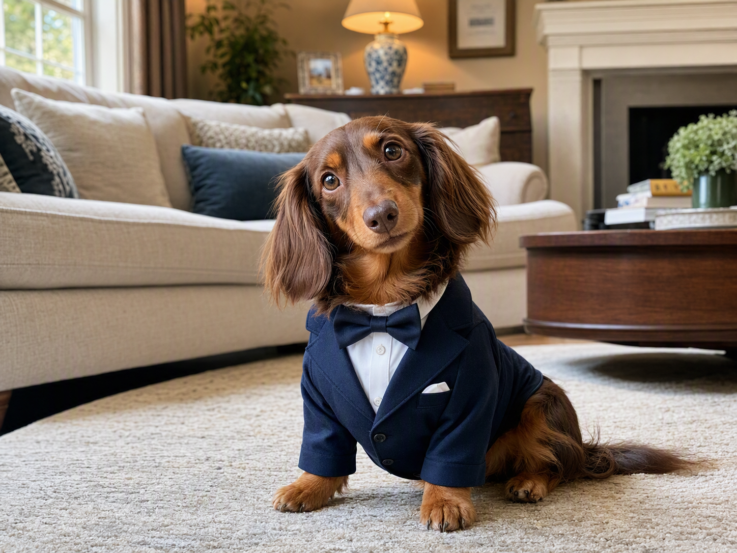 Before-and-after dog in suit result created from a dog photo and a suit product image