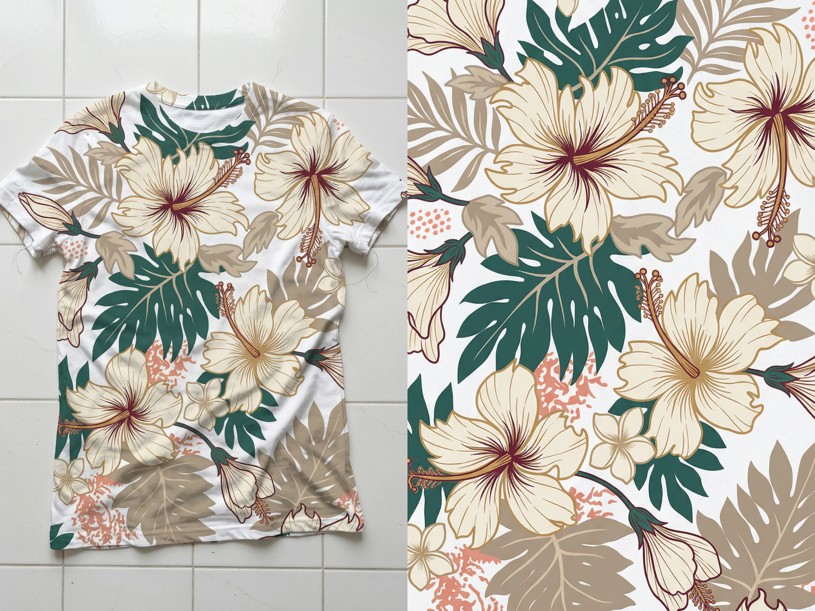 KOOZEE提取服装印花效果图：左边是平铺在地上的T恤，右边是被提取出来的T恤的印花