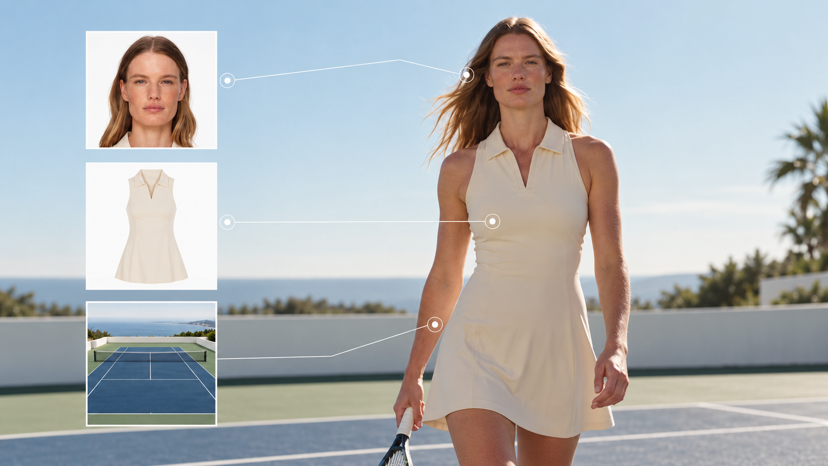 Model, dress and tennis court assets combined into an on-model fashion scene