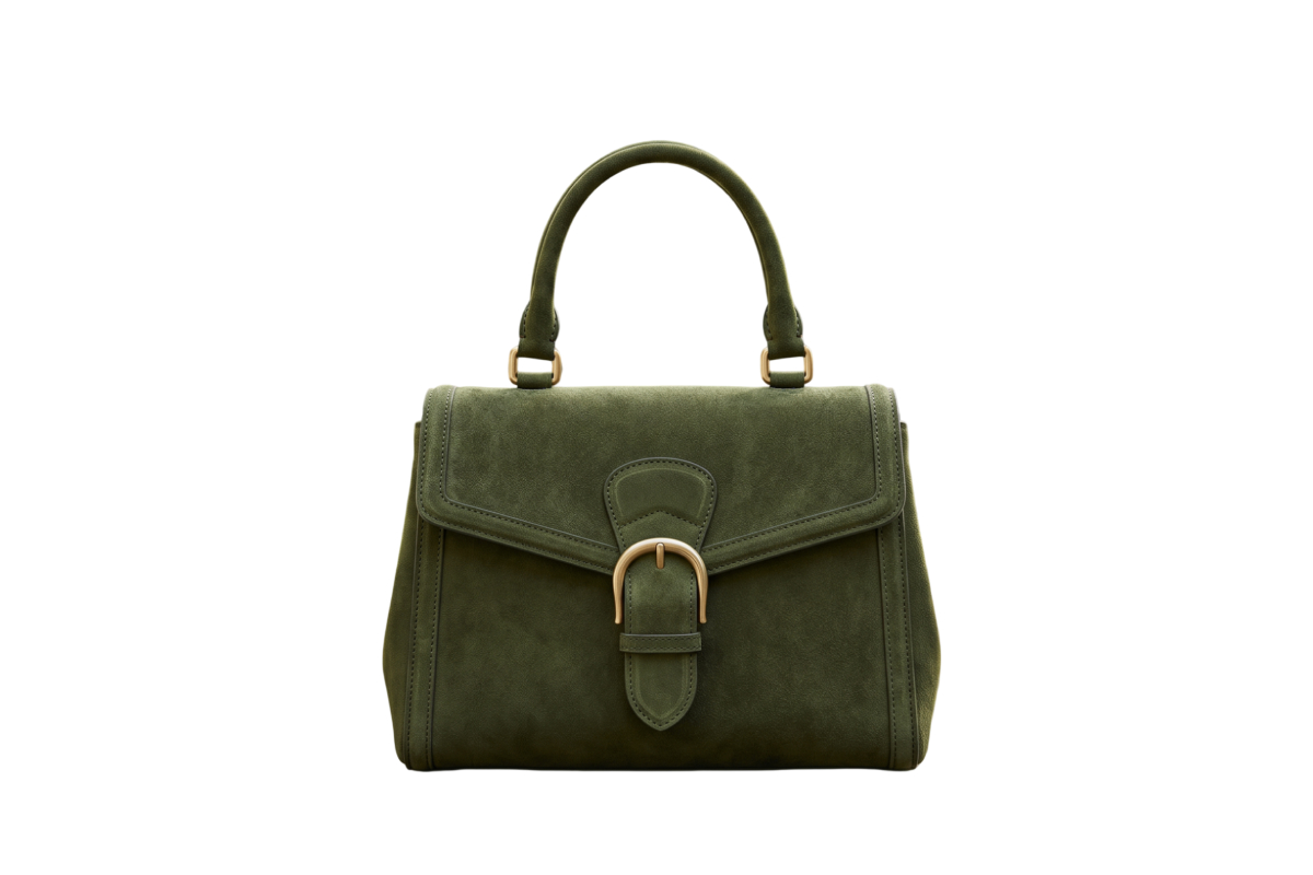 a green handbag on a white background by AI background remover