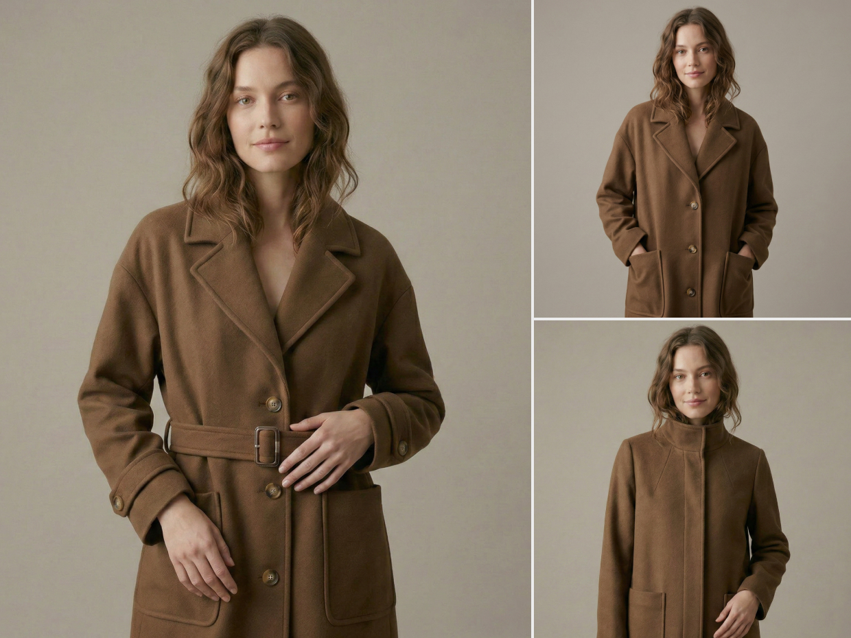 KOOZEE AI-generated image of a model dressed in a brown coat and black shirt, presenting a fashionable look.