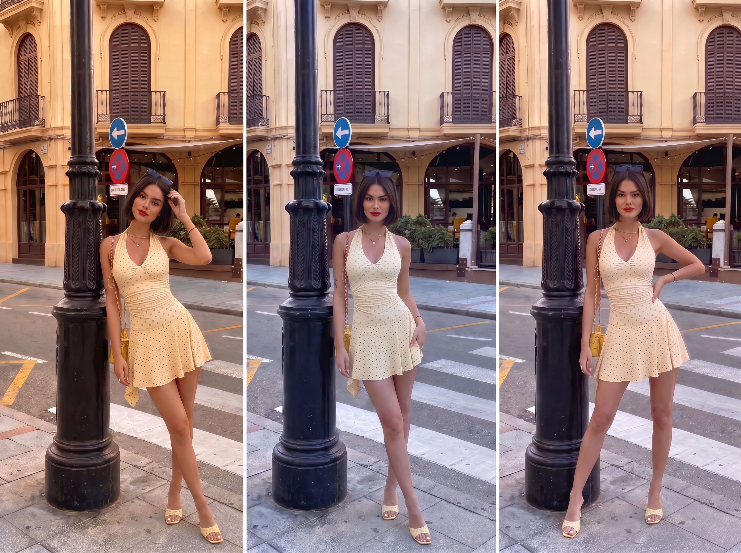 Antes y después de igualar el color de un vestido amarillo con IA por diferencias al tomar fotos en distintos momentos