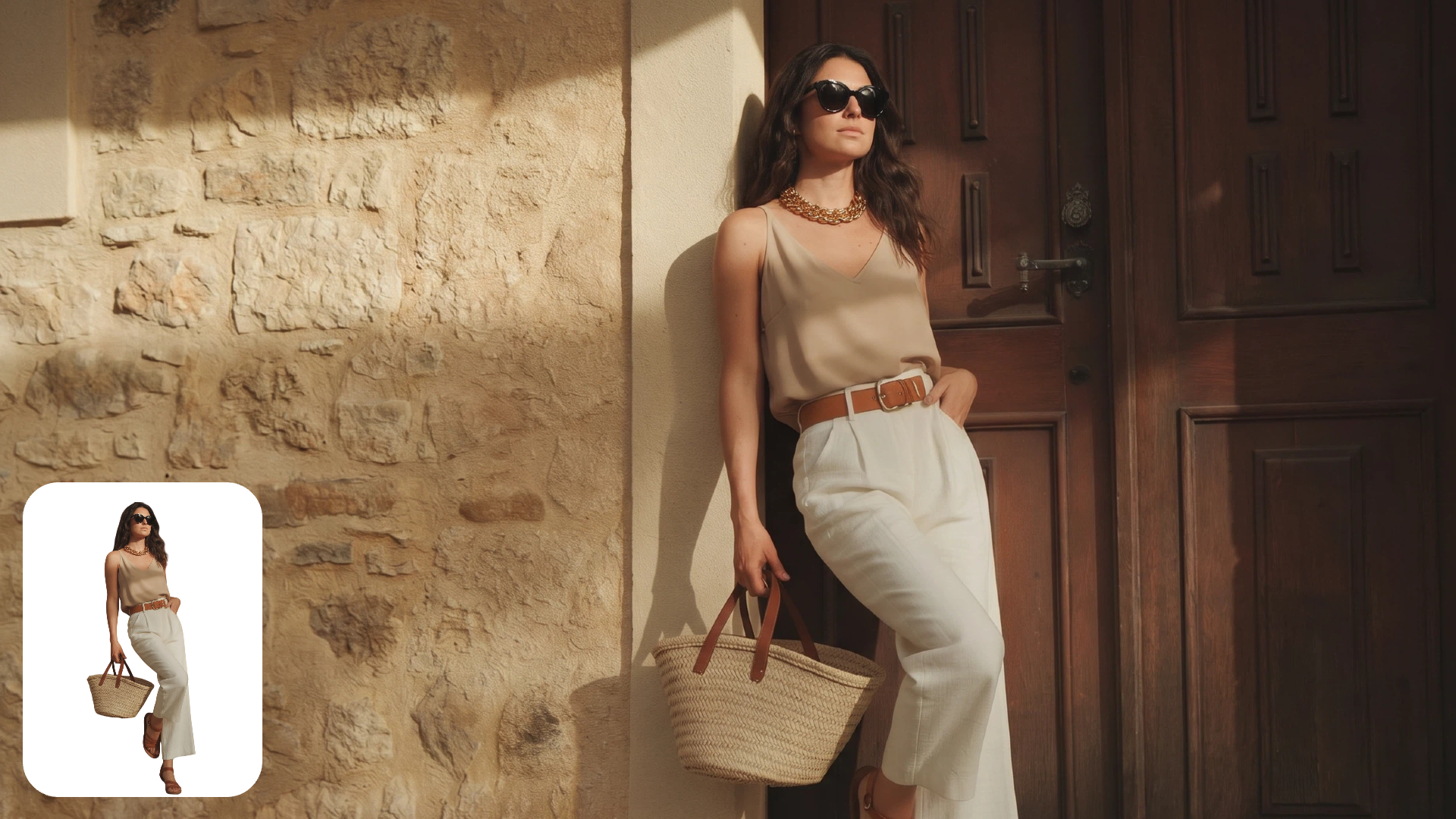 A woman in a beige camisole and white trousers leans against a stone wall