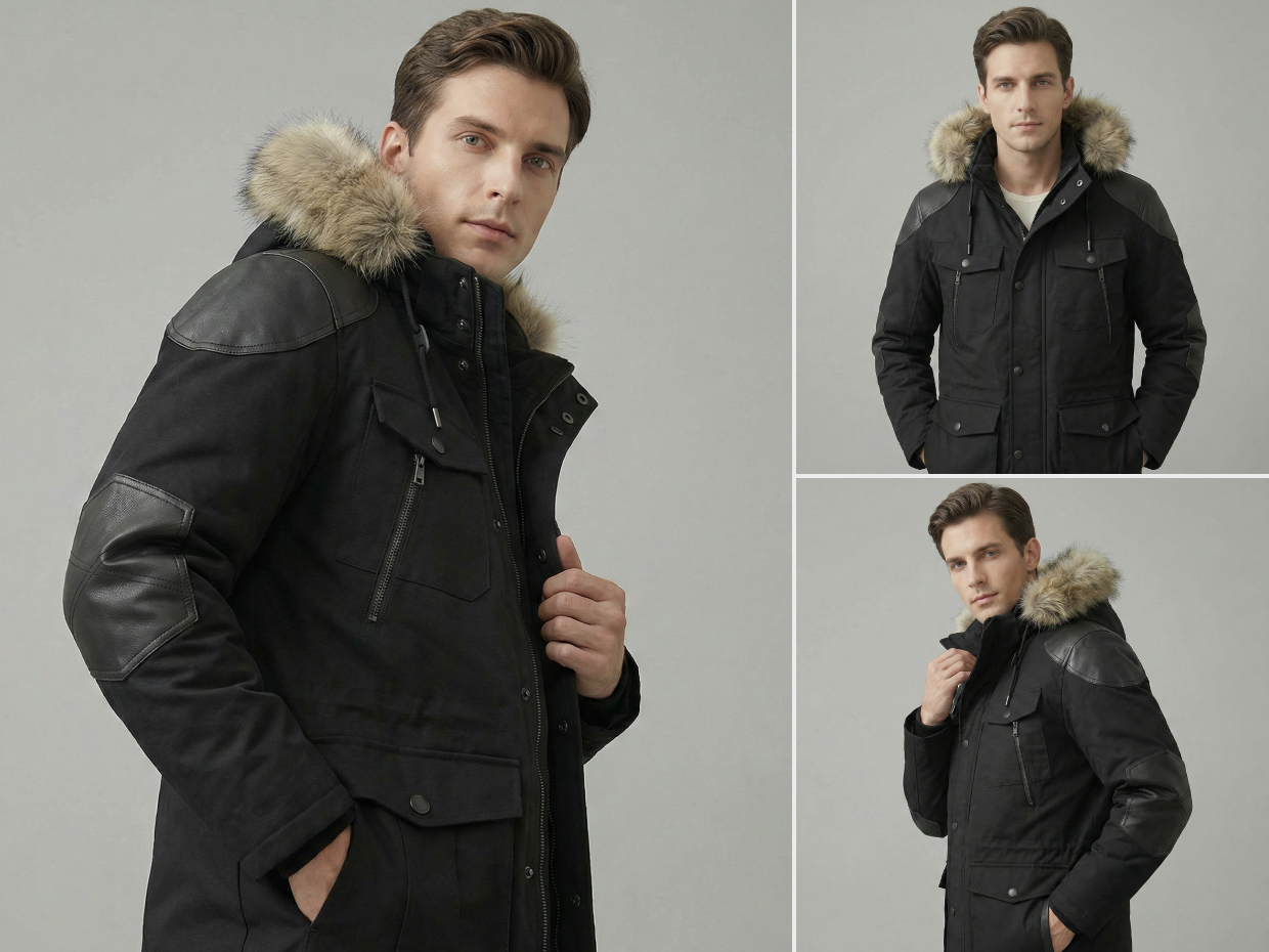 KOOZEE AI-generated image of a men's winter parka with a fur collar, showcasing a stylish and warm outerwear option.
