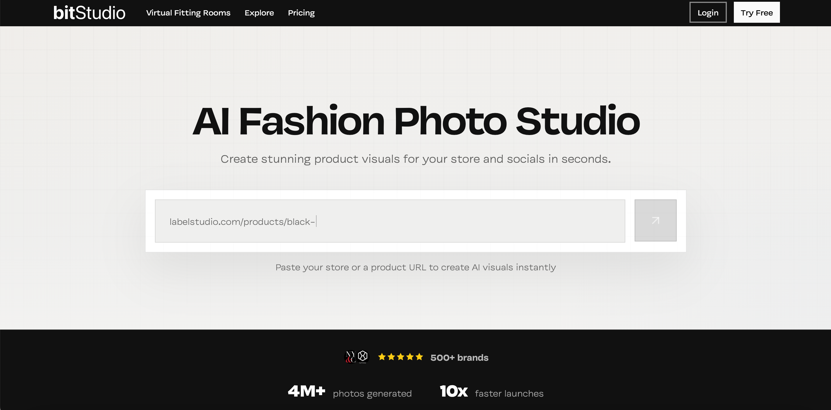 bitStudio AI Fashion Photo Studio homepage with product URL input.
