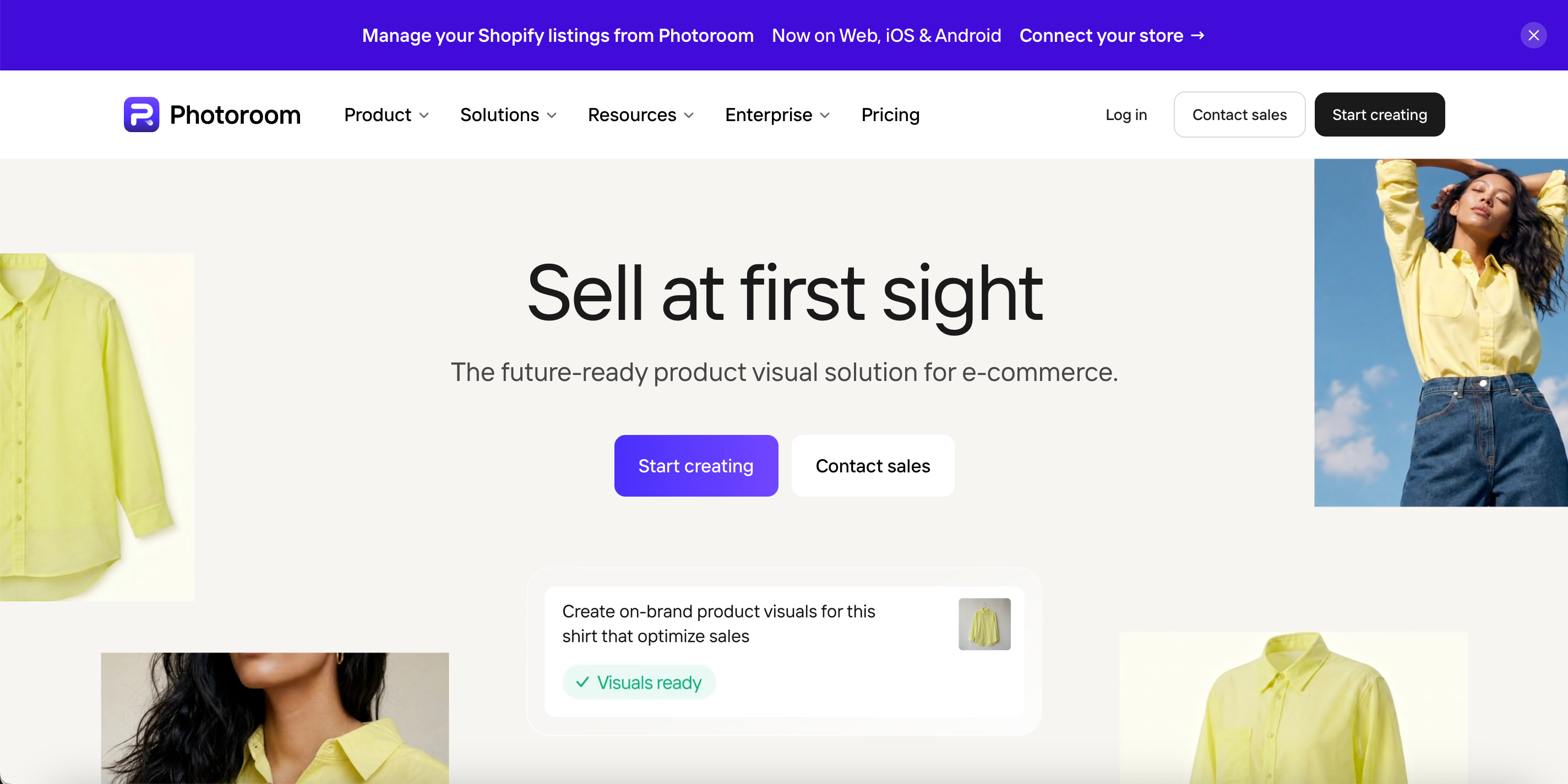 Photoroom official homepage, AI e-commerce product visual solution for Shopify apparel sellers.