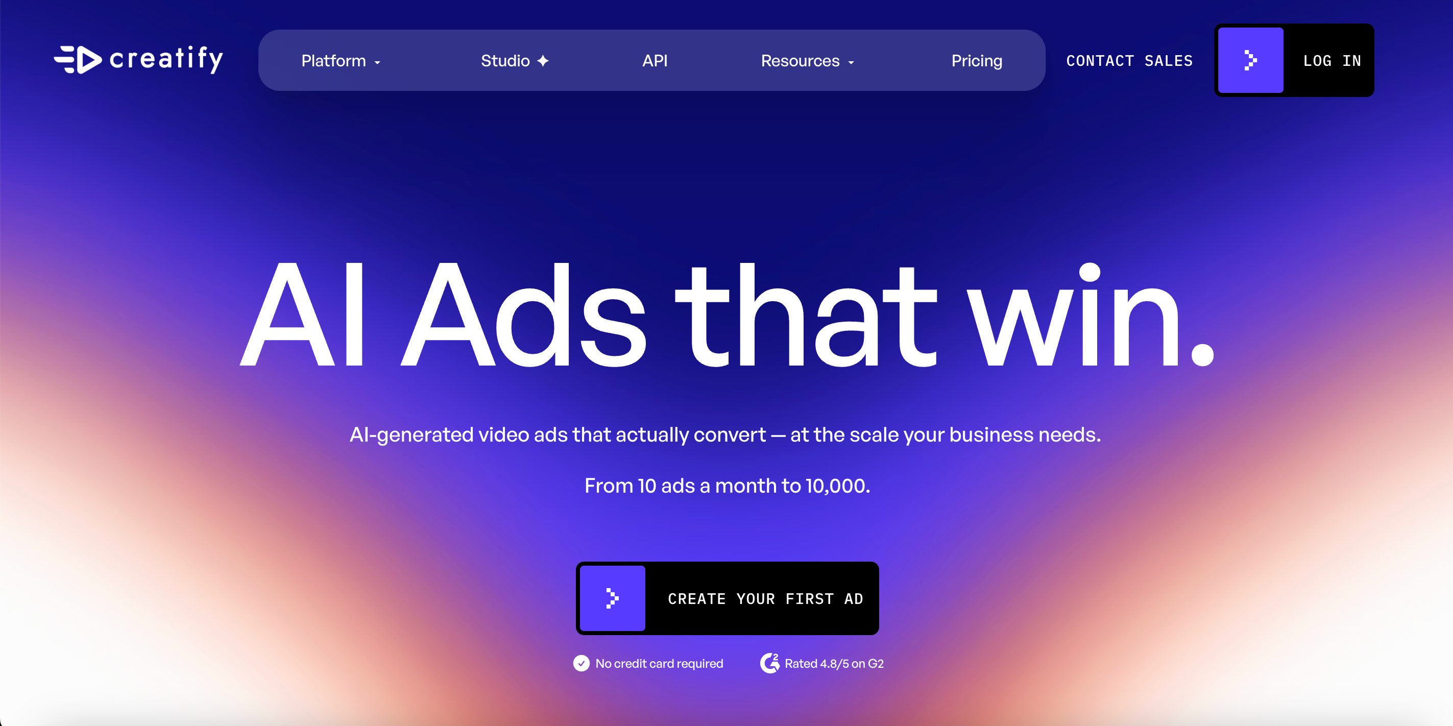 Creatify homepage, AI‑generated winning video ads landing page, gradient purple‑pink background