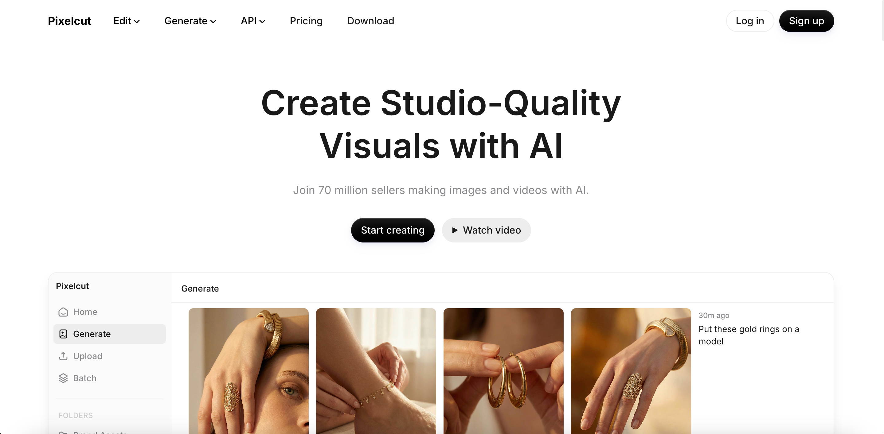 Pixelcut official landing page, AI studio-quality product visual generator used by 70 million e-commerce sellers for photos and videos