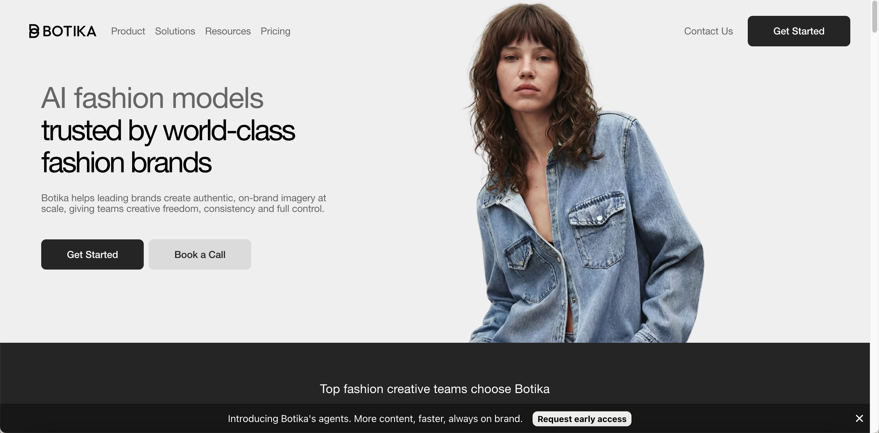 Botika AI fashion models homepage featuring a model in a denim jacket.