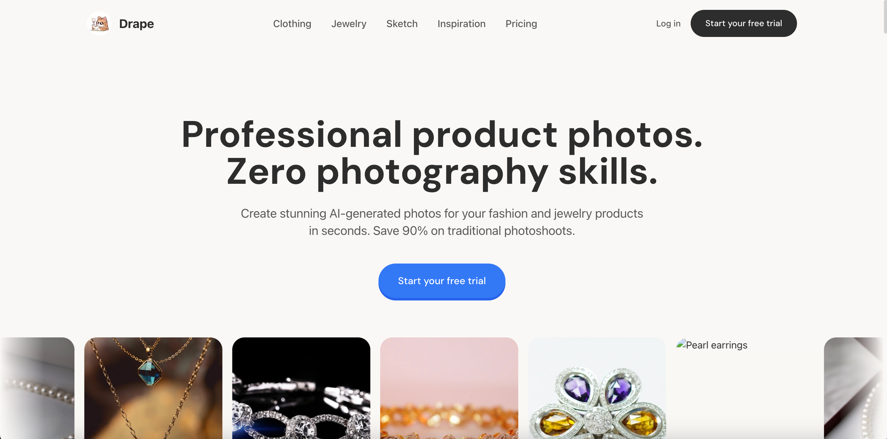 Drape homepage, AI‑generated professional product photos for fashion and jewelry e‑commerce