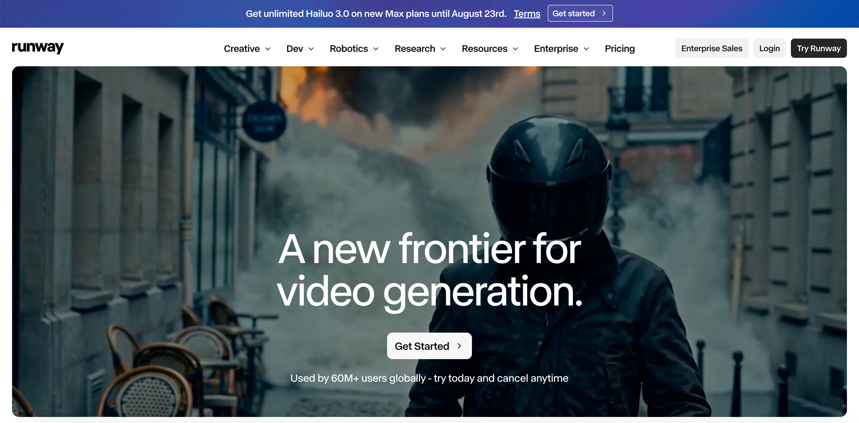 Runway ML homepage, AI video generation tool landing page, creative AI platform for video creation