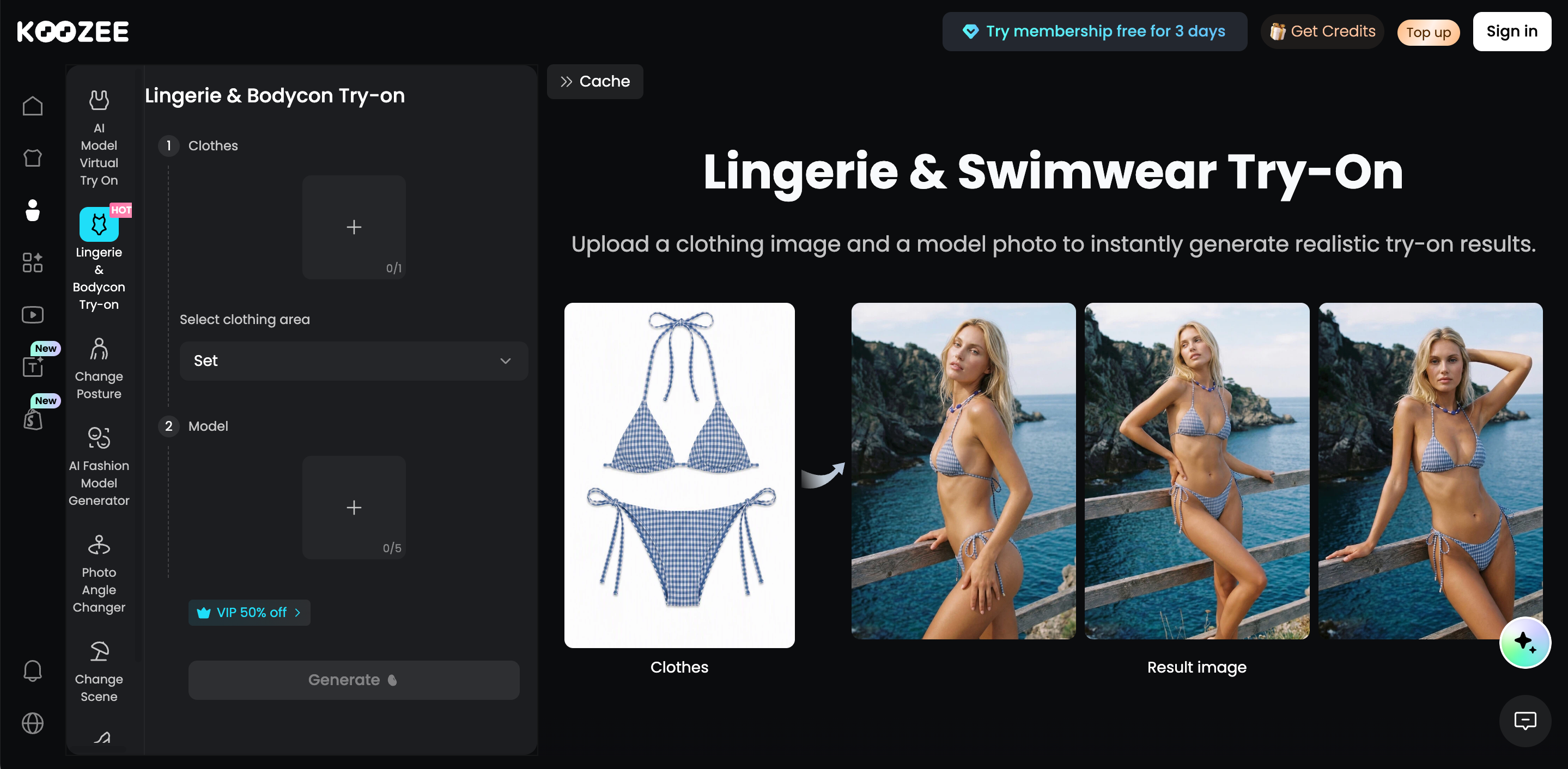Koozee AI lingerie and swimwear virtual try‑on interface with bikini sample outputs