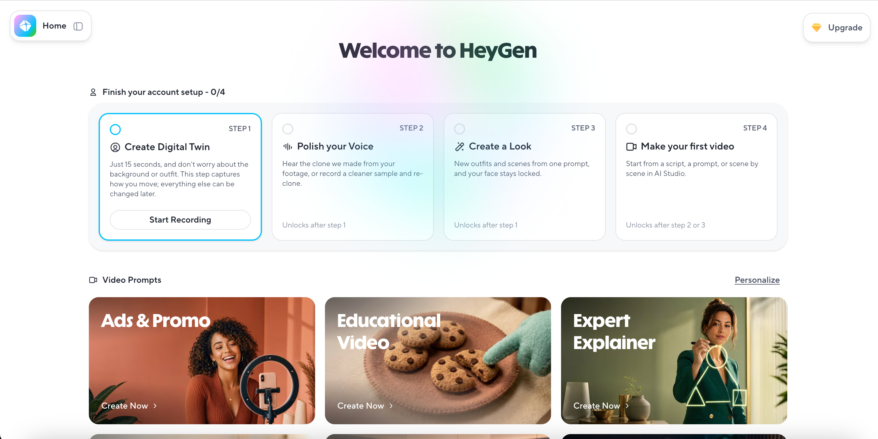 HeyGen welcome dashboard, digital twin setup 4‑step onboarding workflow