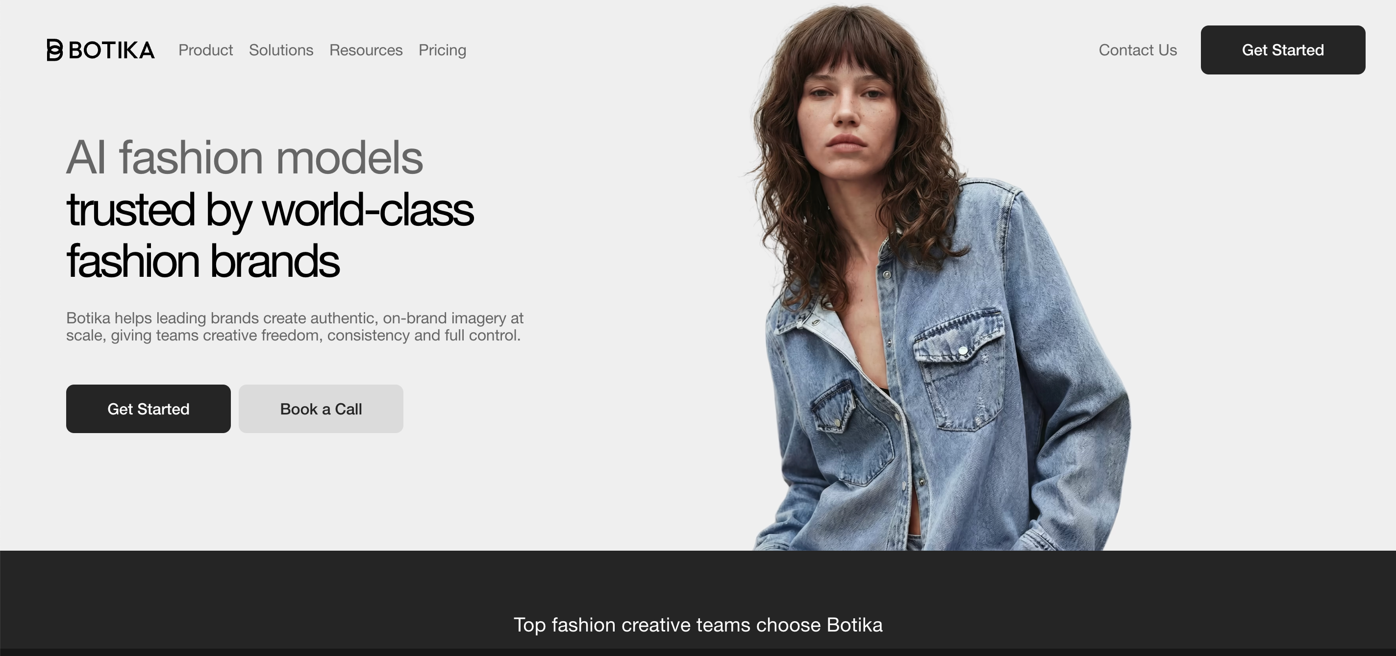 Botika AI fashion models homepage featuring a model in a denim jacket.
