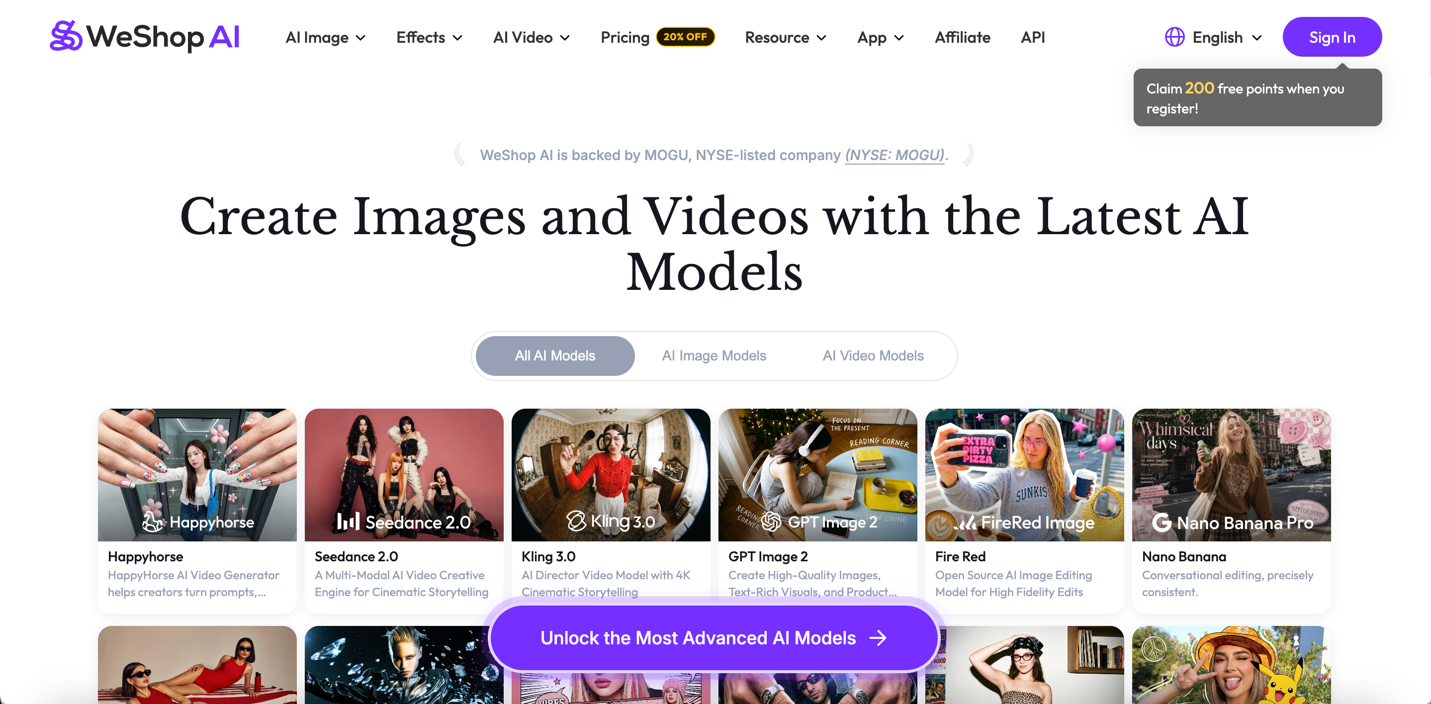 WeShop AI landing page, multi‑model AI image and video generation platform