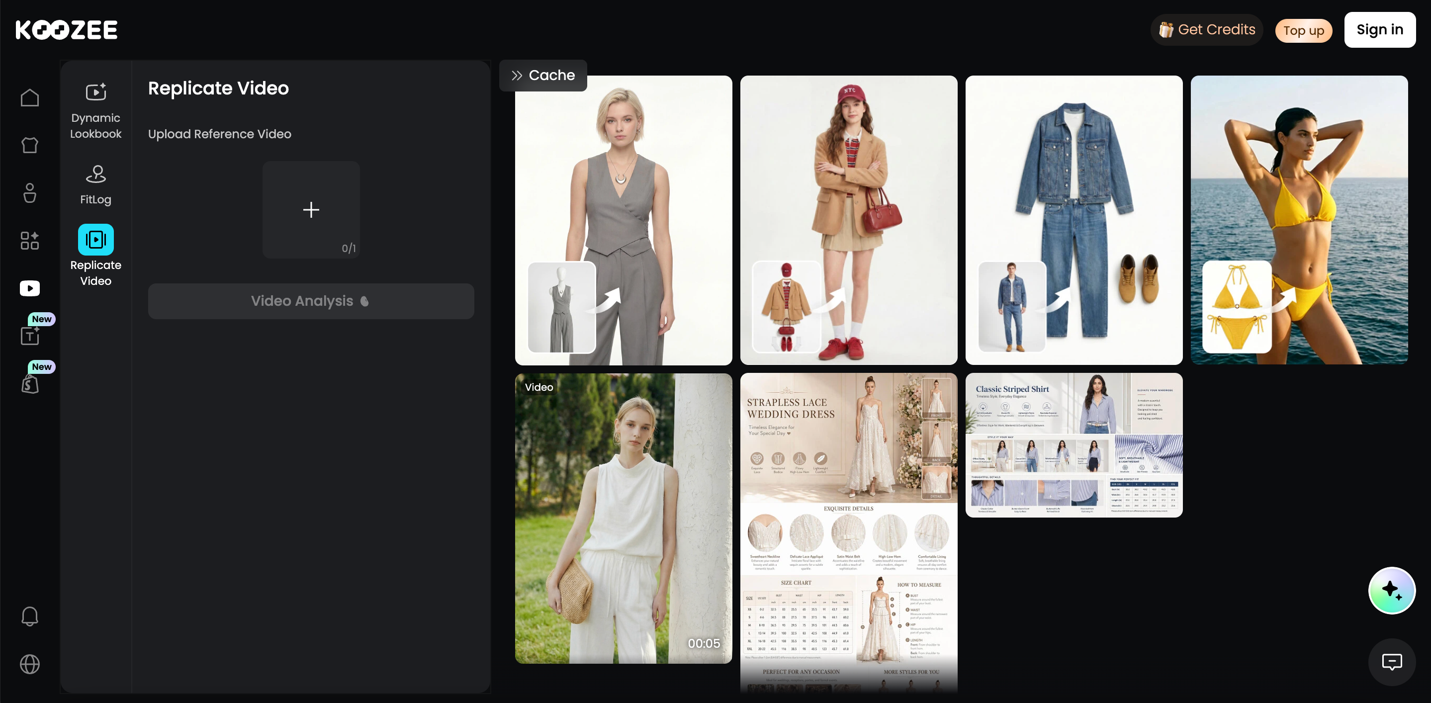 Koozee AI dashboard, Replicate Video feature for e‑commerce fashion product visuals