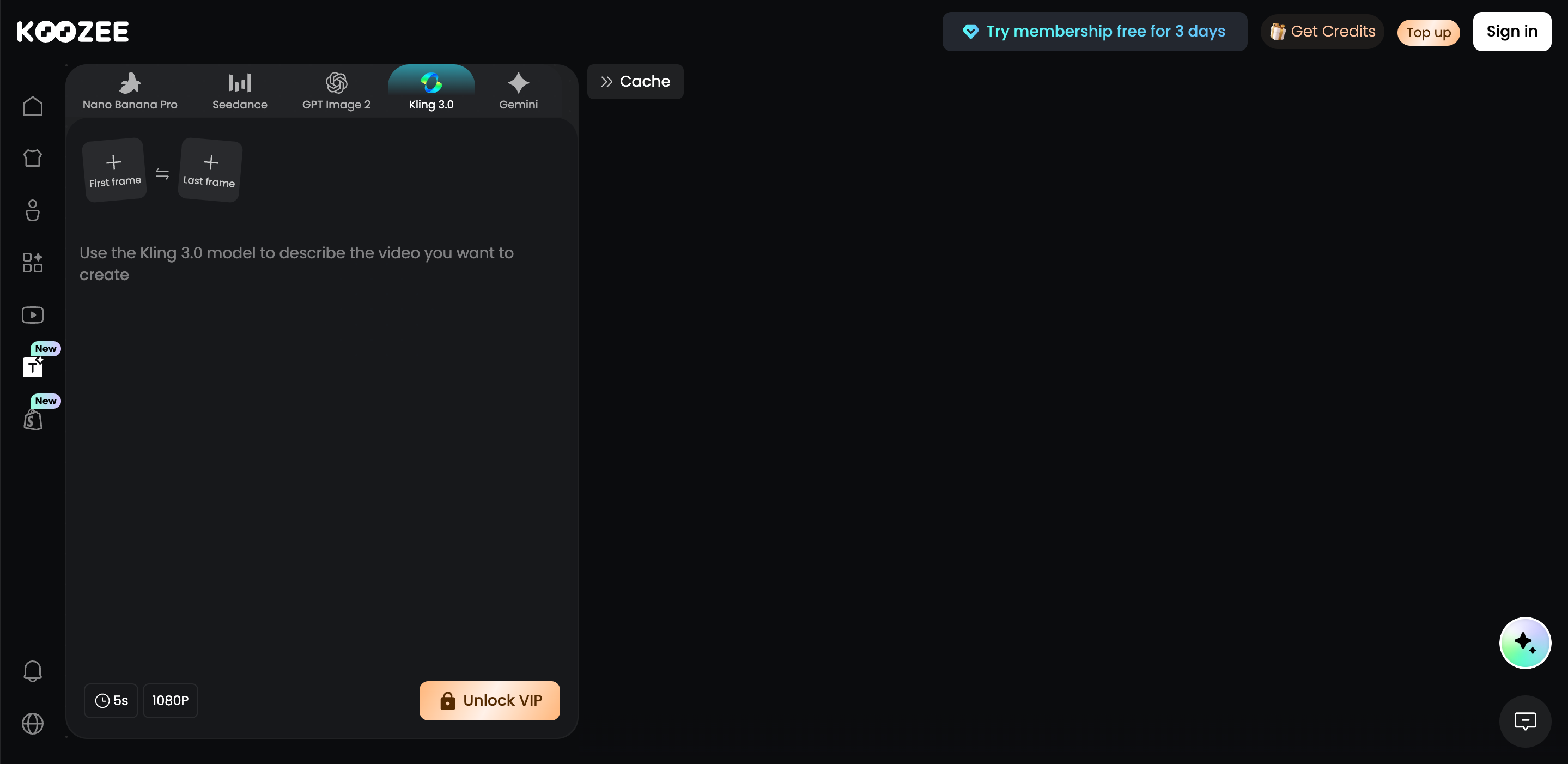 Koozee AI Kling 3.0 video generation tool dark‑mode interface
