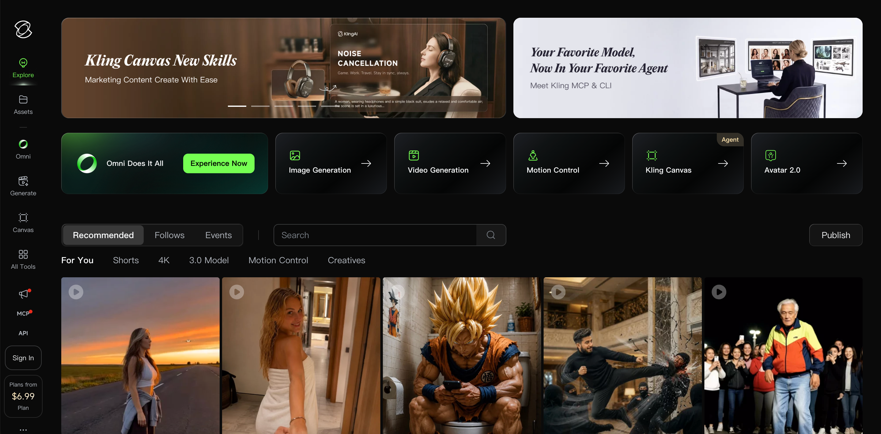 Kling AI web dashboard interface, image and video generation platform, motion control, Kling Canvas creative tools