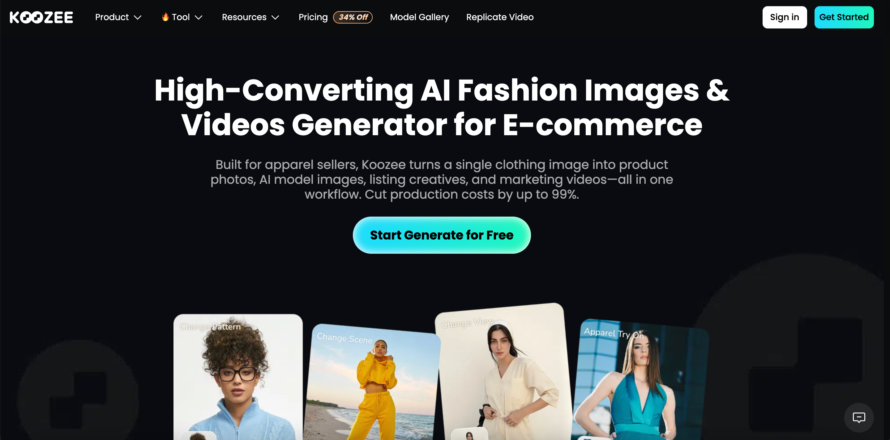 Koozee AI homepage, AI fashion image and video generator for e‑commerce apparel sellers