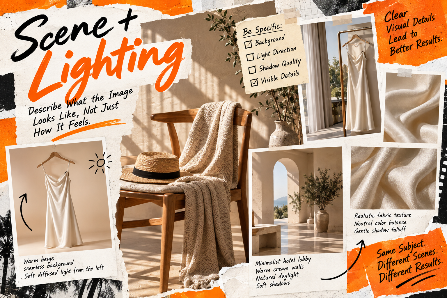 Change + Keep AI image editing tutorial, white vest‑pants outfit, before‑after scrapbook poster