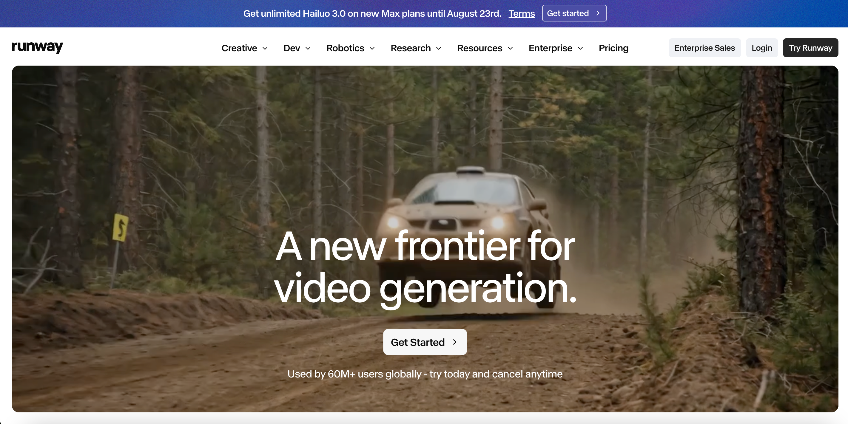 Runway homepage, A new frontier for video generation, rally car hero background banner