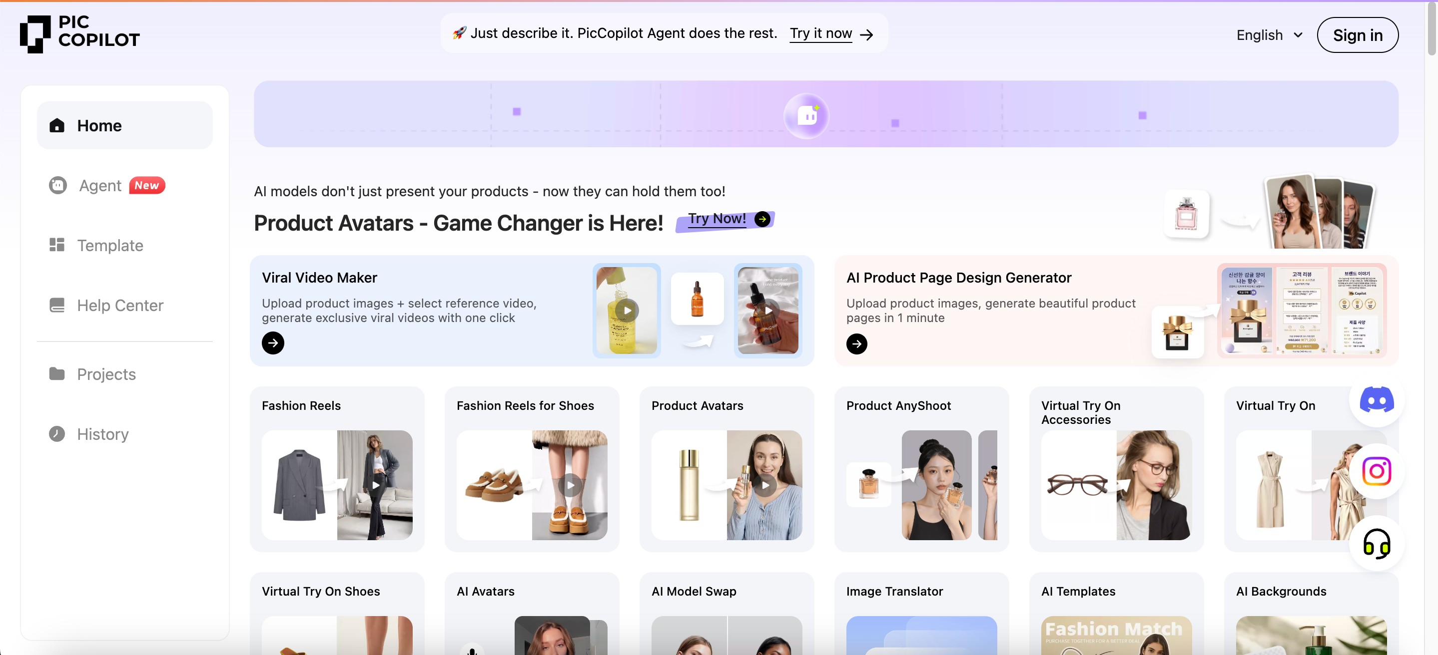 Pic Copilot AI ecommerce design platform featuring product marketing tools.