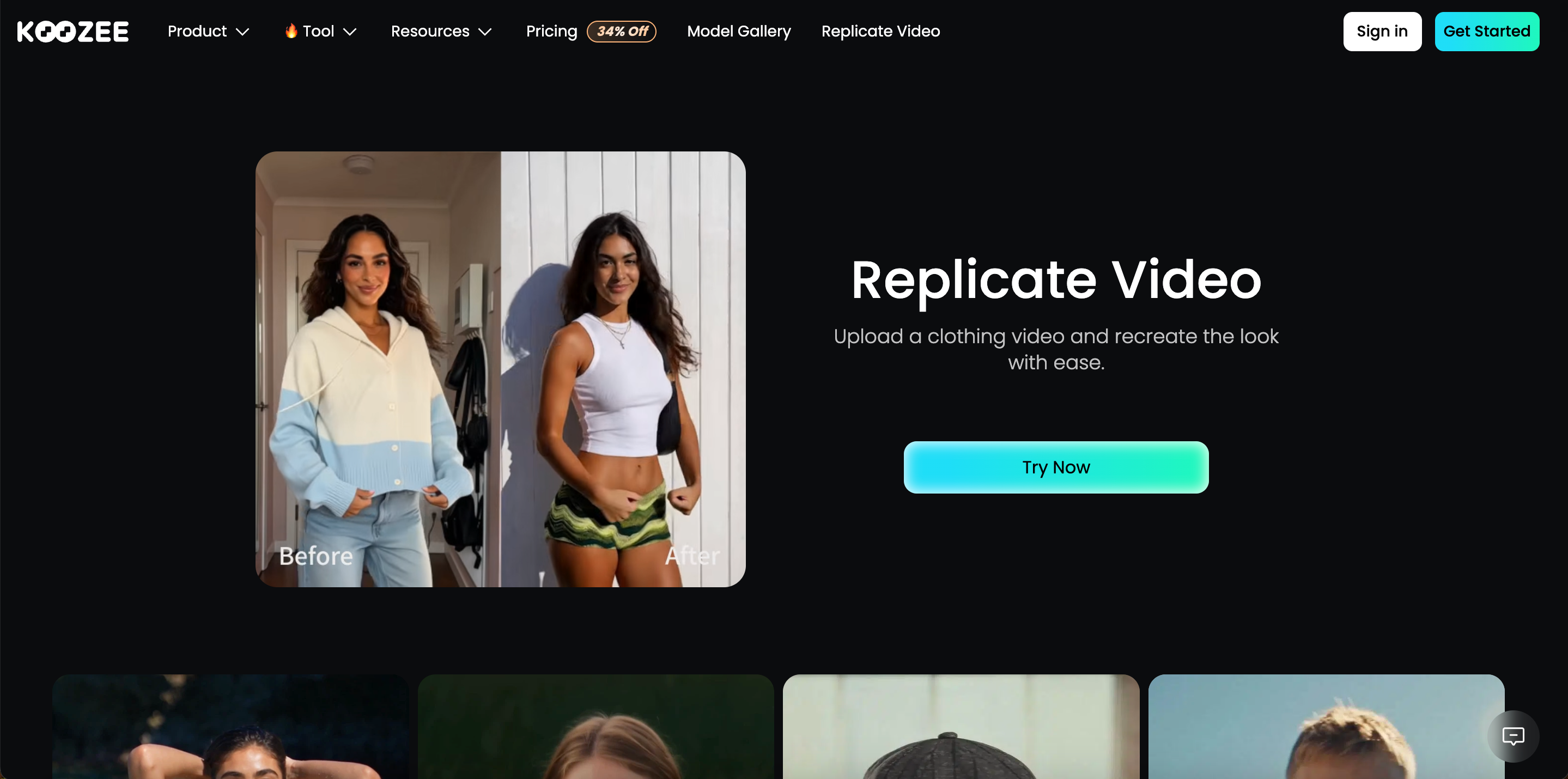 1. Koozee Replicate Video landing page, before‑after clothing AI video demo, dark theme