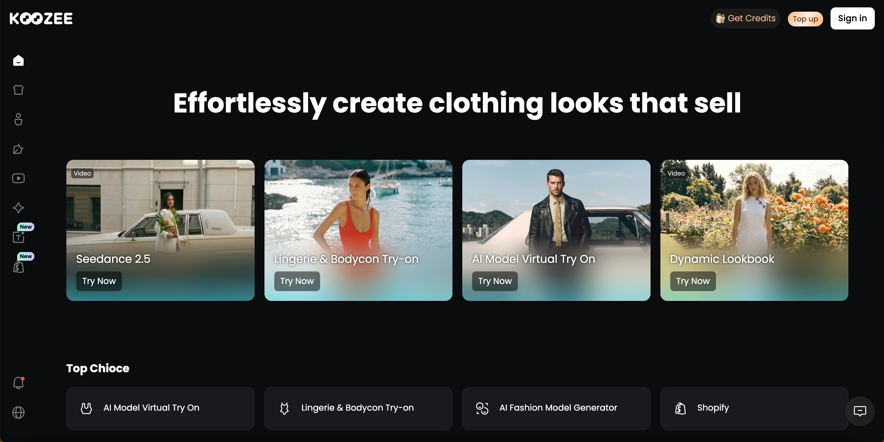 Koozee AI fashion virtual try‑on dashboard, AI clothing look generation platform for e‑commerce, featuring Seedance2.0, lingerie try‑on and dynamic lookbook