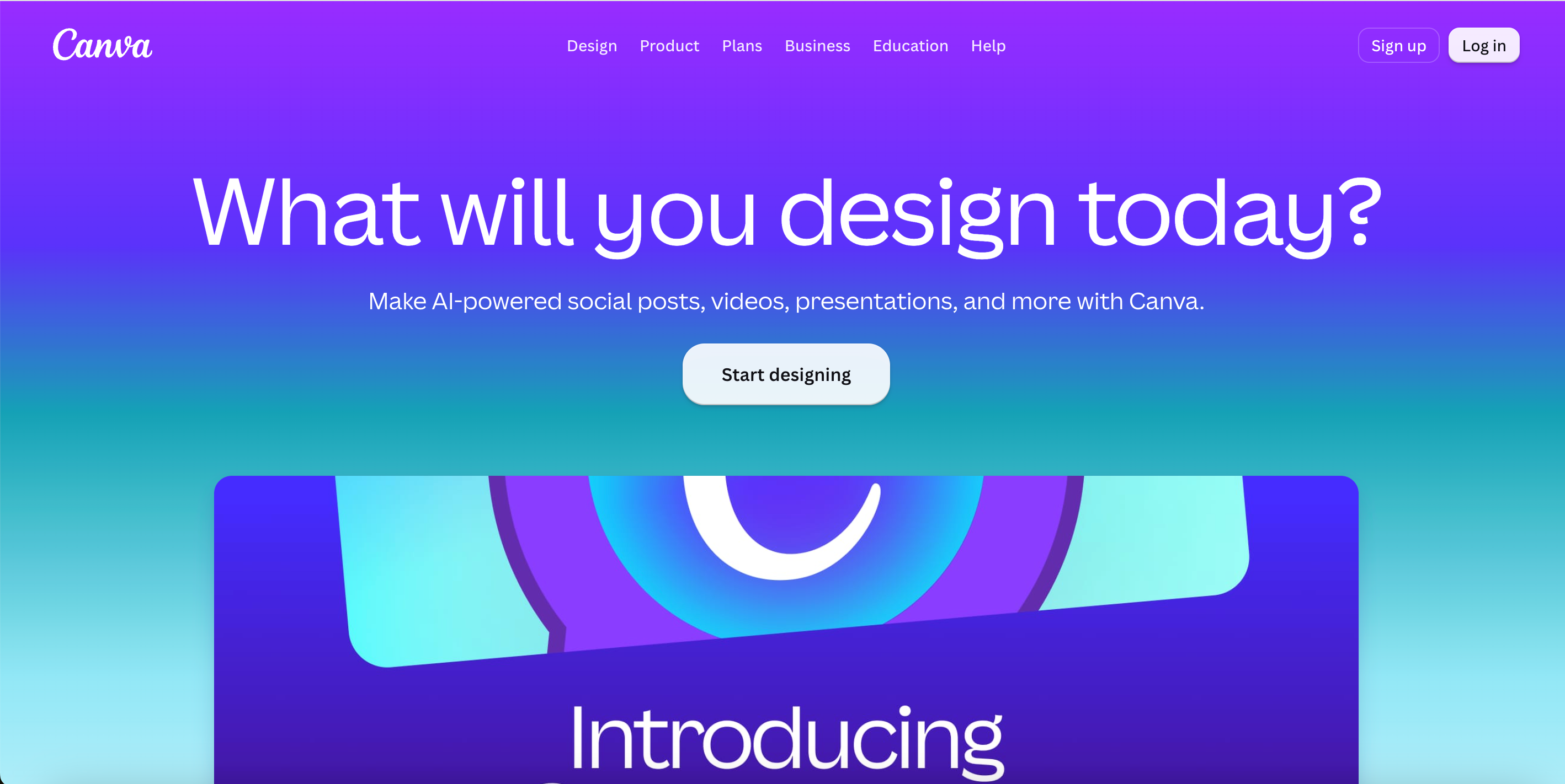 Canva official website homepage, AI-powered online graphic design tool landing page for social media posts, videos and presentations